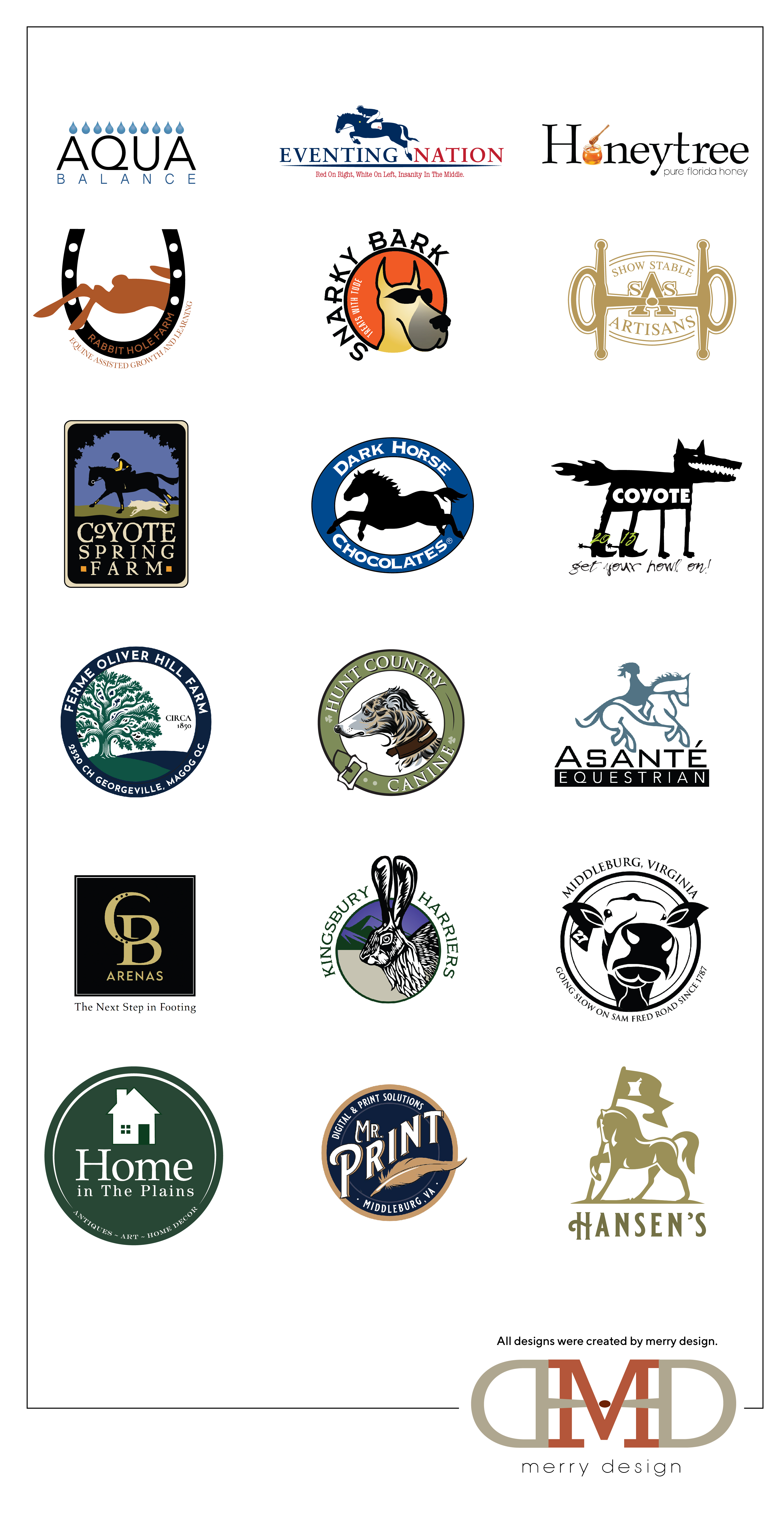 A sheet of eighteen hand-crafted brand identities arranged in a grid, including Aqua Balance, Eventing Nation, Honeytree, Snarky Bark, Show Stable Artisans, Coyote Spring Farm, Dark Horse Chocolates, Coyote, Ferme Olivier Hill Farm, Hunt Country Canine, Asanté Equestrian, CB Arenas, Kingsbury Harriers, Middleburg Hounds, Home in The Plains, Mr. Print, and Hansen’s, each rendered as a circular or rectangular mark in a curated layout with the merry design monogram at the bottom.