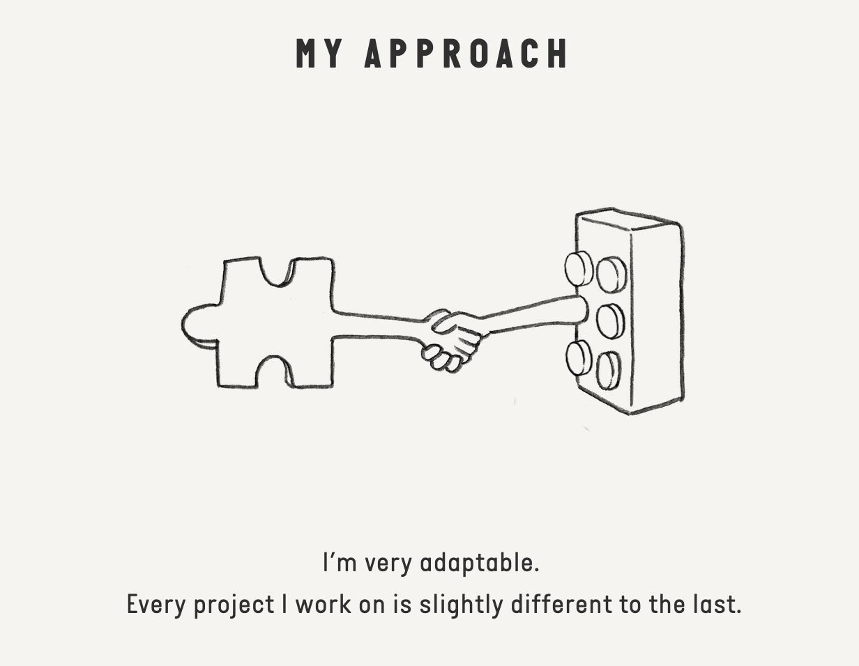 A hand-drawn illustration titled ‘My Approach.’ A puzzle piece and a Lego block shake hands in the center of the frame. Beneath the illustration, handwritten in italic: ‘I’m very adaptable. Every project I work on is slightly different to the last.’