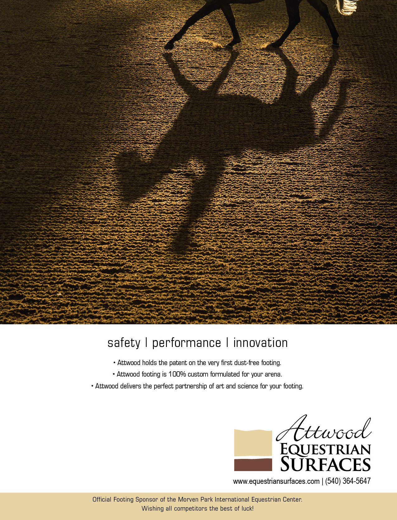 Attwood print ad — silhouette of horse and rider on sunlit arena footing, from the Morven Park 2020 program.