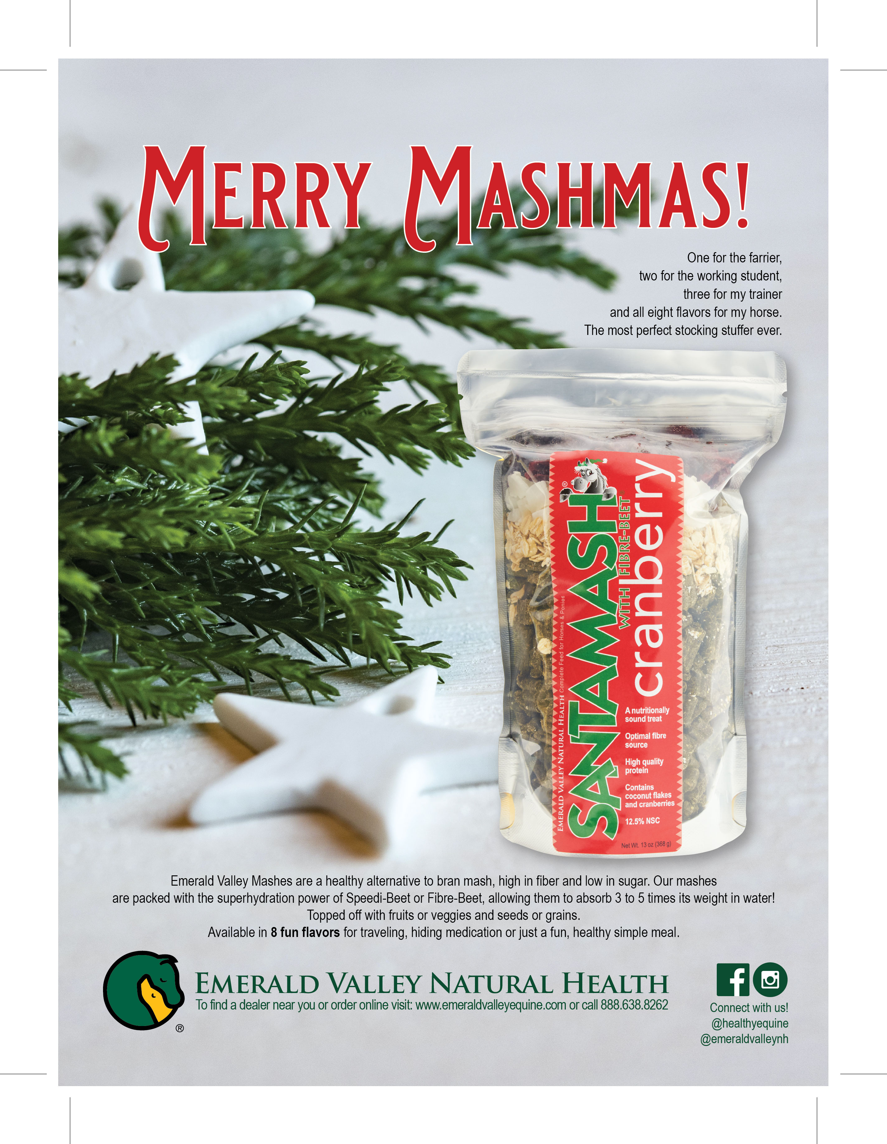 The Merry Mashmas holiday print ad for Emerald Valley Natural Health. A festive composition on a weathered wood surface: evergreen branches and small white ceramic star ornaments frame a standing pouch of SantaMash Cranberry — the product label running vertically in red script. The headline 'MERRY MASHMAS!' is set in a hand-drawn red script at the top of the ad, with the body copy underneath reading: 'One for the farrier, two for the working student, three for my trainer, and all eight flavors for my horse. The most perfect stocking stuffer ever.' The Emerald Valley Natural Health wordmark and contact details sit at the bottom of the ad.